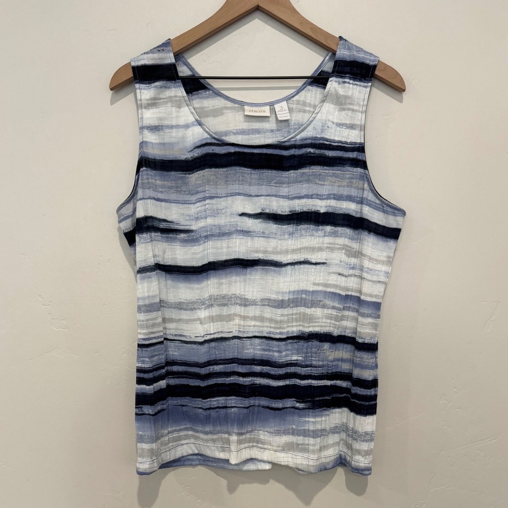 Chicos Blue White Striped Crinkle Knit Sleeveless Tank Top Coastal Size 3 XL